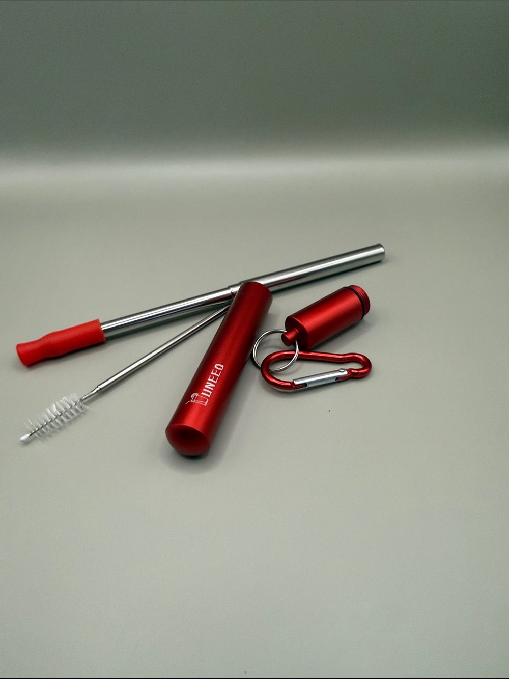 Collapsible Red Metal Straw Set with Case & Brush